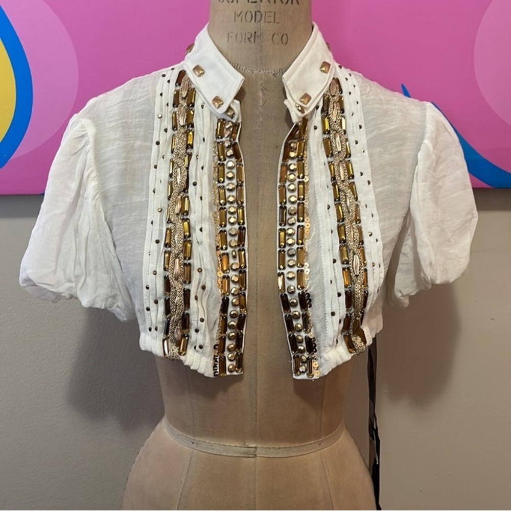 Supord Manage White Gold Beaded Bolero Cropped Jacket - Picture 5 of 13